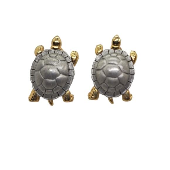 Vintage 3D Turtle Stud Earrings Retro JJ Jonette signed Gold and Silver Toned - Picture 1 of 8